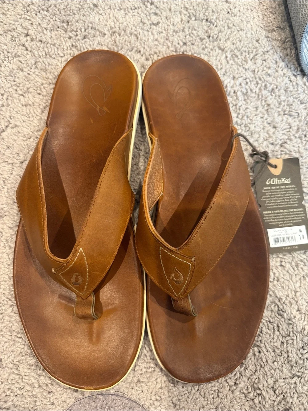 Olukai Men's Brown Leather Flip Flop Sandals NEW